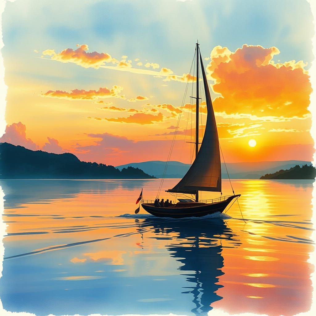 Sailing Boat Silhouetted Against Glowing Skies in a Dreamlik...