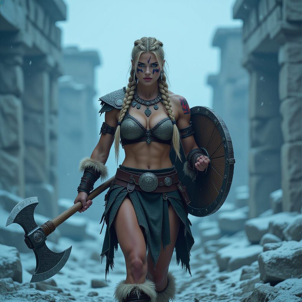 Blonde Barbarian Woman in Blizzard, Cinematic Digital Art