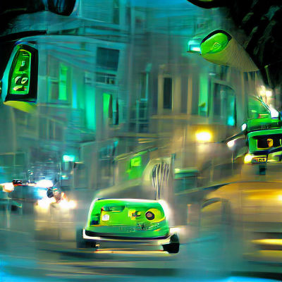 Taxi in Green Light: Night Street Scene