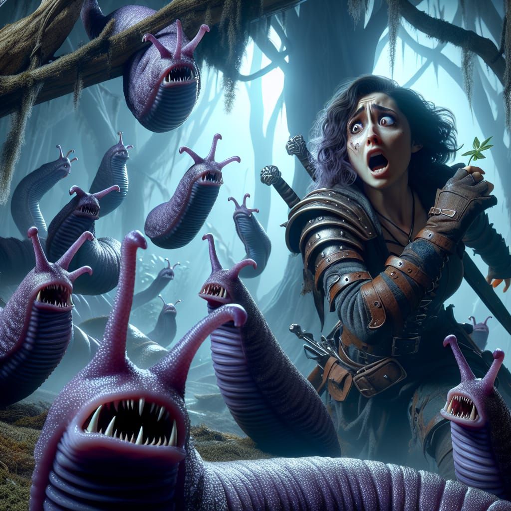 Fantasy Adventurer Chased by Carnivorous Slugs in Haunting F...