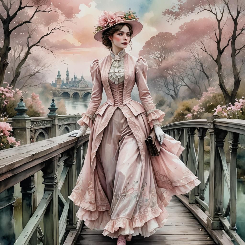 Victorian Lady in Pink Walking Over a Bridge