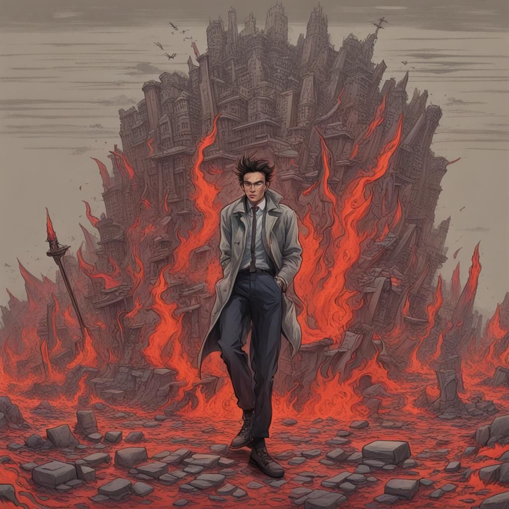 Cartoon Character in Hellish Scene