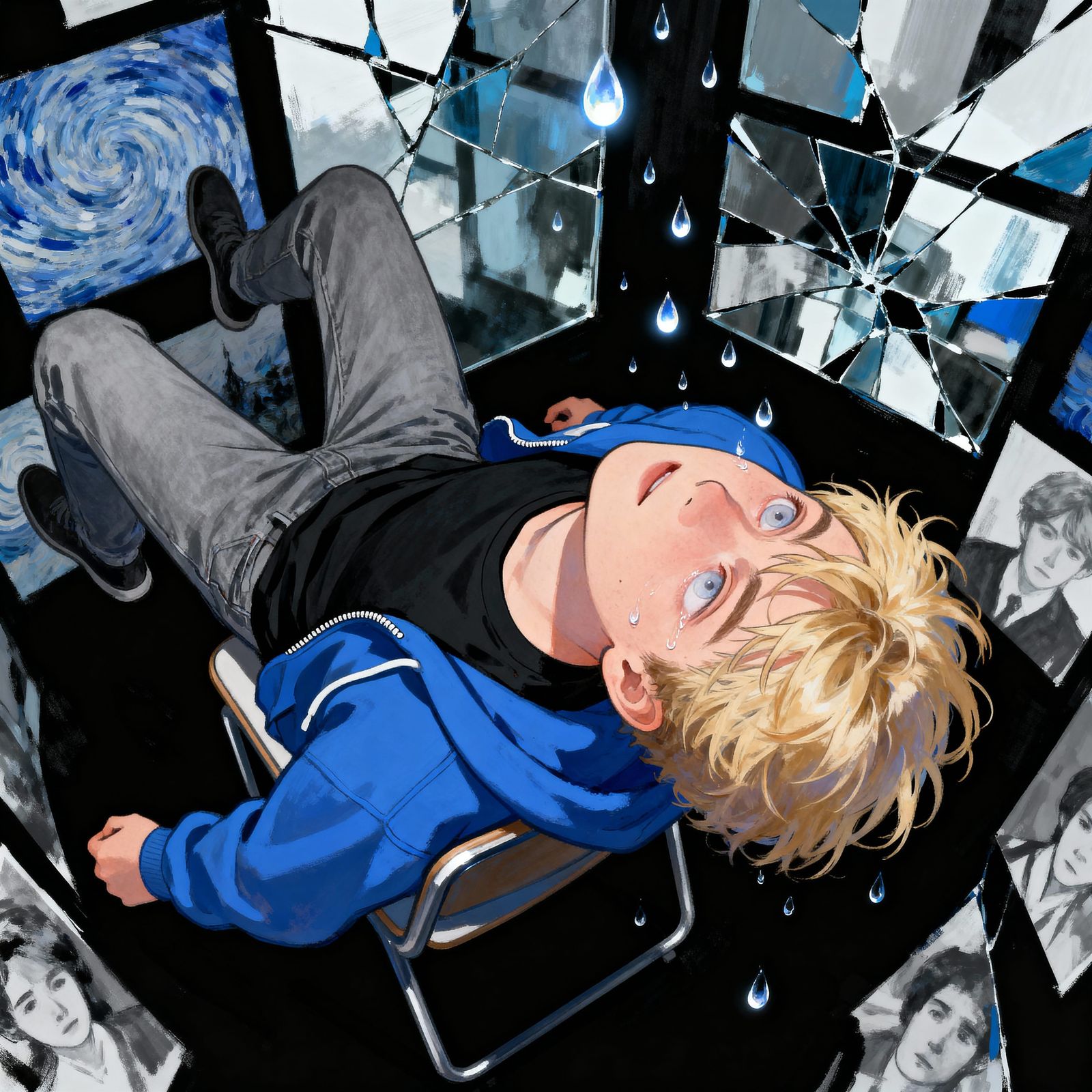 Anime-Inspired Melancholy: Man Falling Backwards in Chair