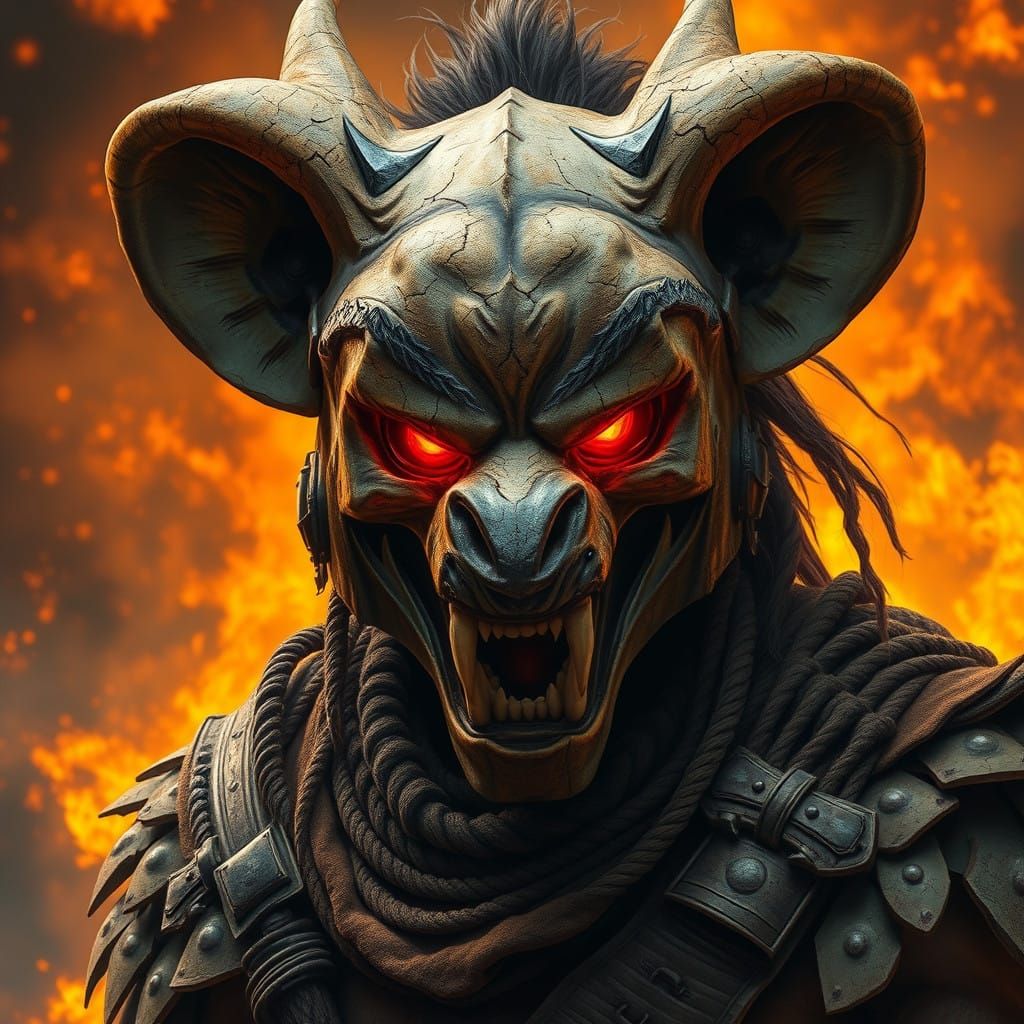 Warrior in Tribal Mask, Hellish Landscape