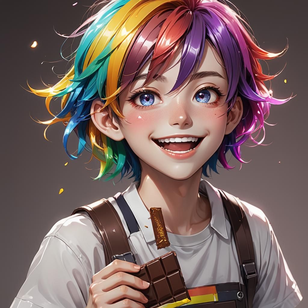 Anime Boy with Rainbow Hair Enjoys Chocolate