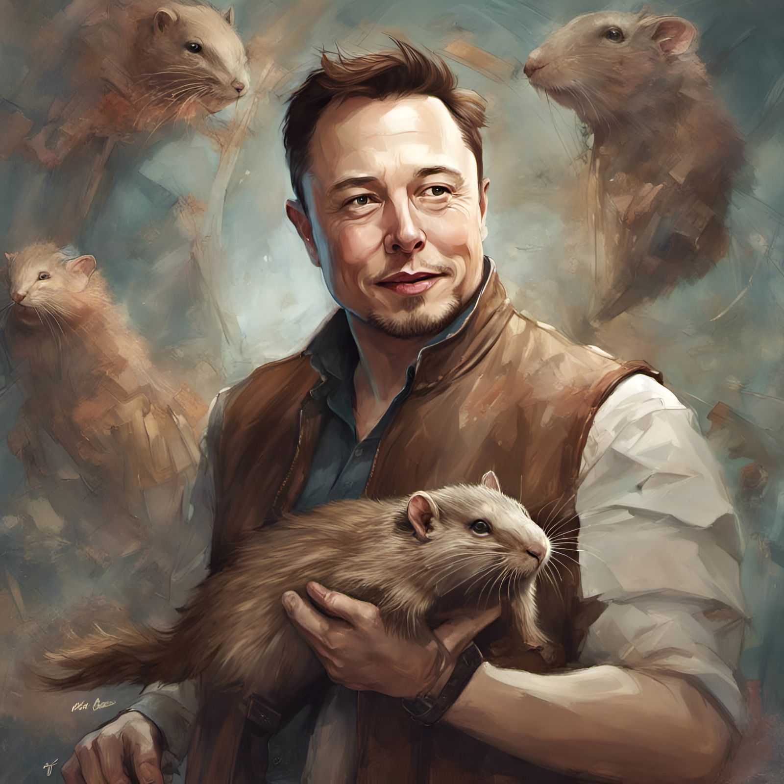 Elon Musk Portrait with Muskrat, Digital Illustration
