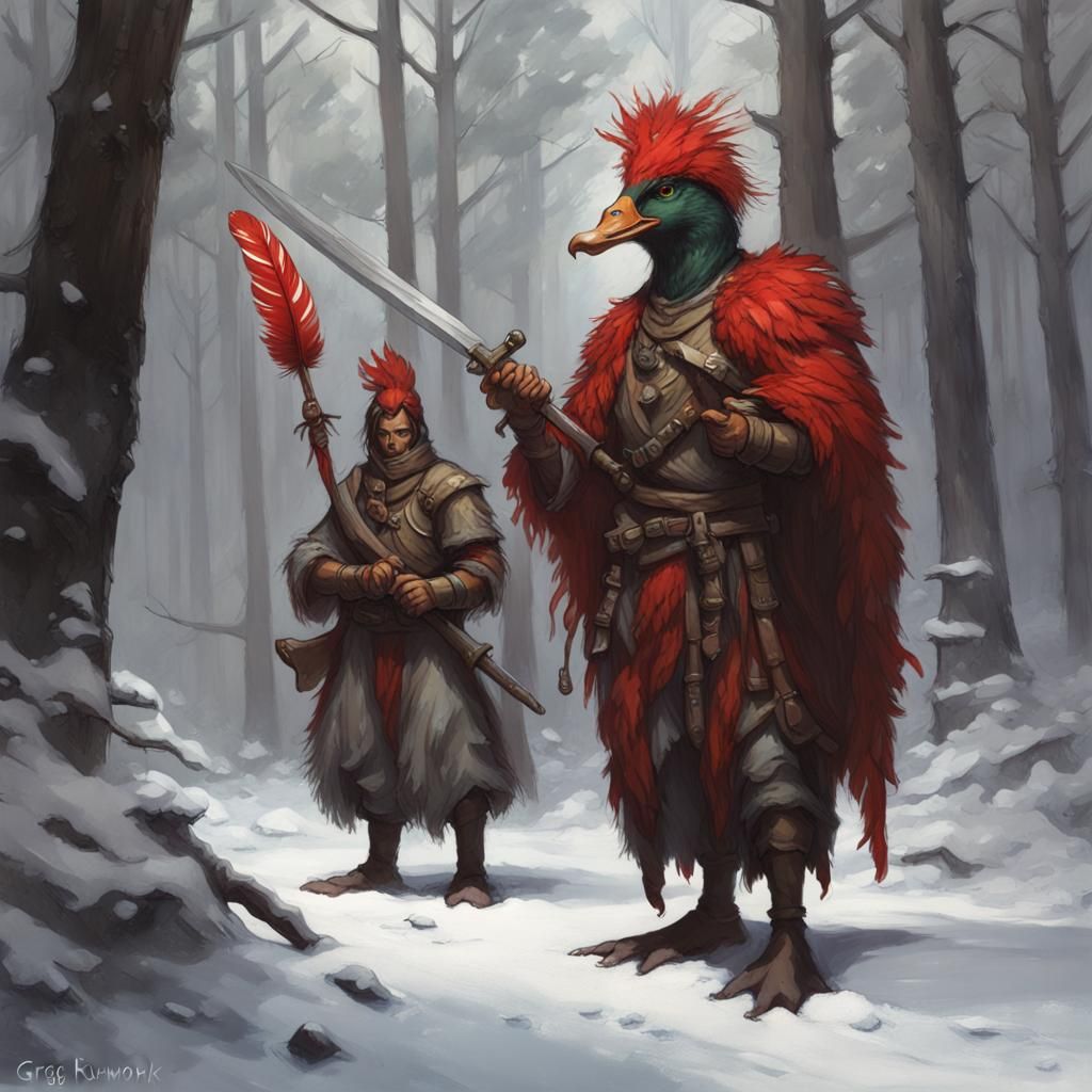 Duck Warrior in Snowy Forest: Dark Fantasy Illustration