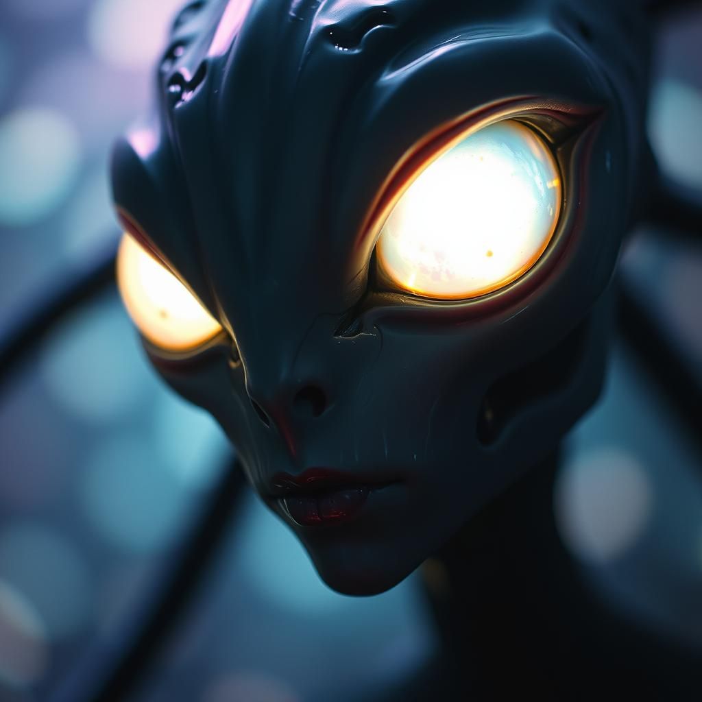 Otherworldly Being with Iridescent Eyes in Eerie Glow