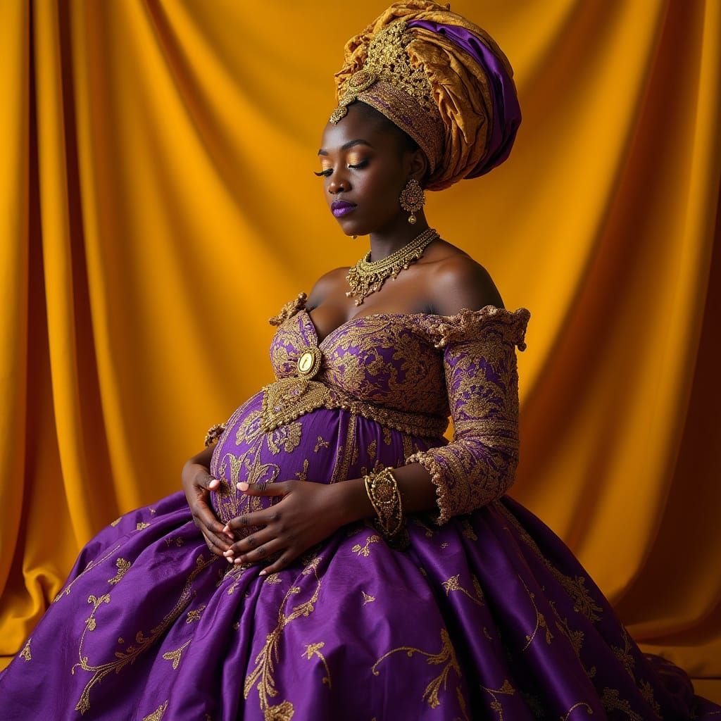 Regal African American Queen in Royal Purple and Gold