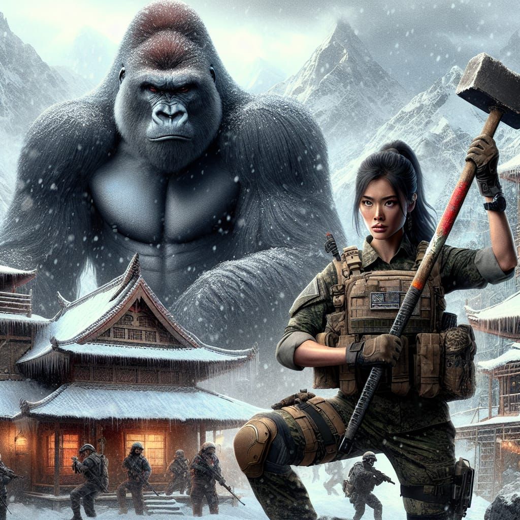 Soldier and Gorilla in Snowy Village Matte Painting