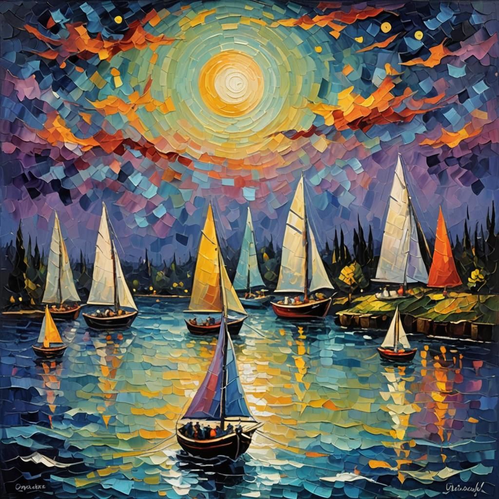 Moonlit Sailboat: Neo-Impressionist Expressionist Oil Painti...