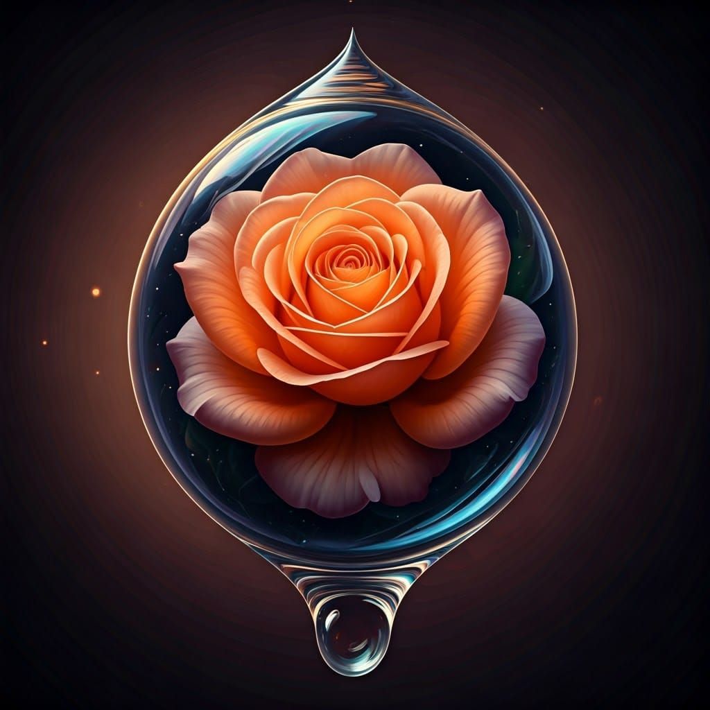 Surreal Orange Rose Blooms in Cosmic Raindrop