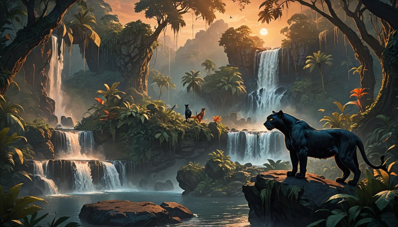 Panther at Jungle Waterfall Sunset in Dark Fantasy