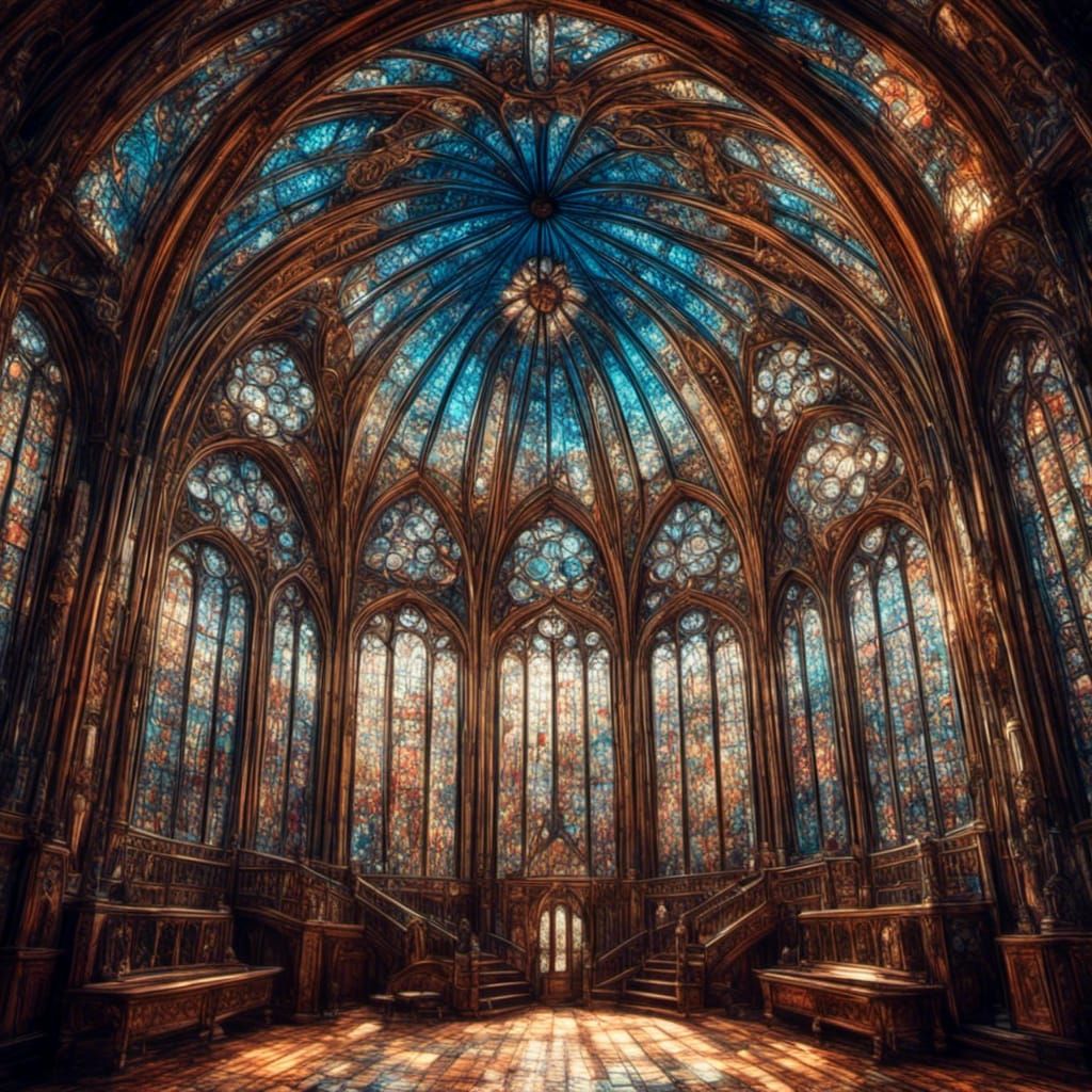 Gothic Dome with Stained Glass in Pencil Drawing