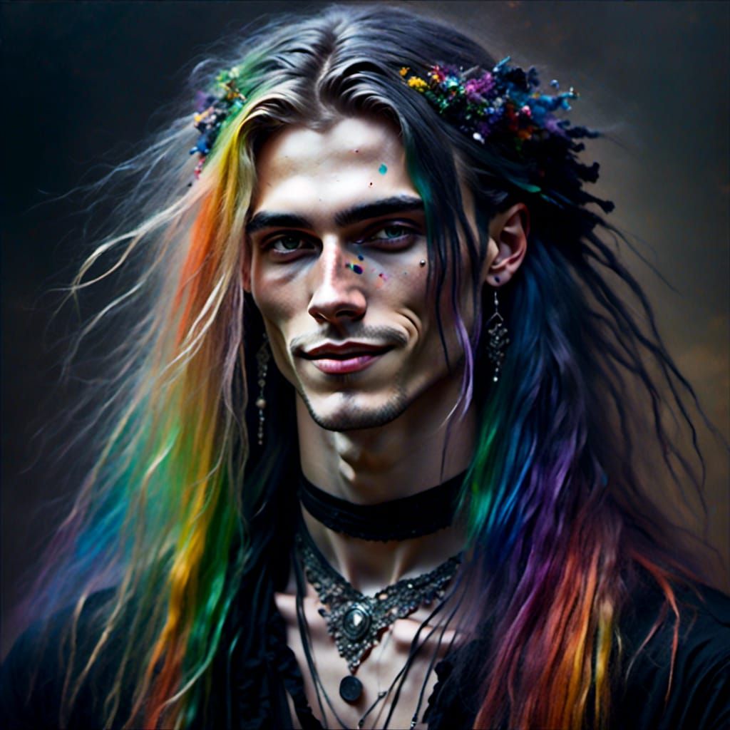 Rainbow-Haired Punk Portrait in Oil Painting Style
