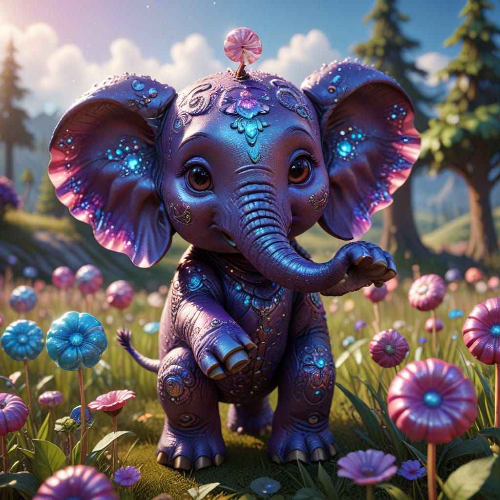 Psychedelic Chibi Elephant in Candyland Meadow
