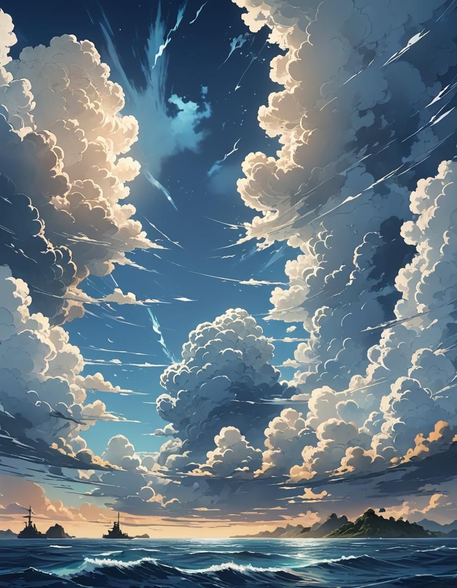 Tranquil Blue Sky and White Waves in Anime Style