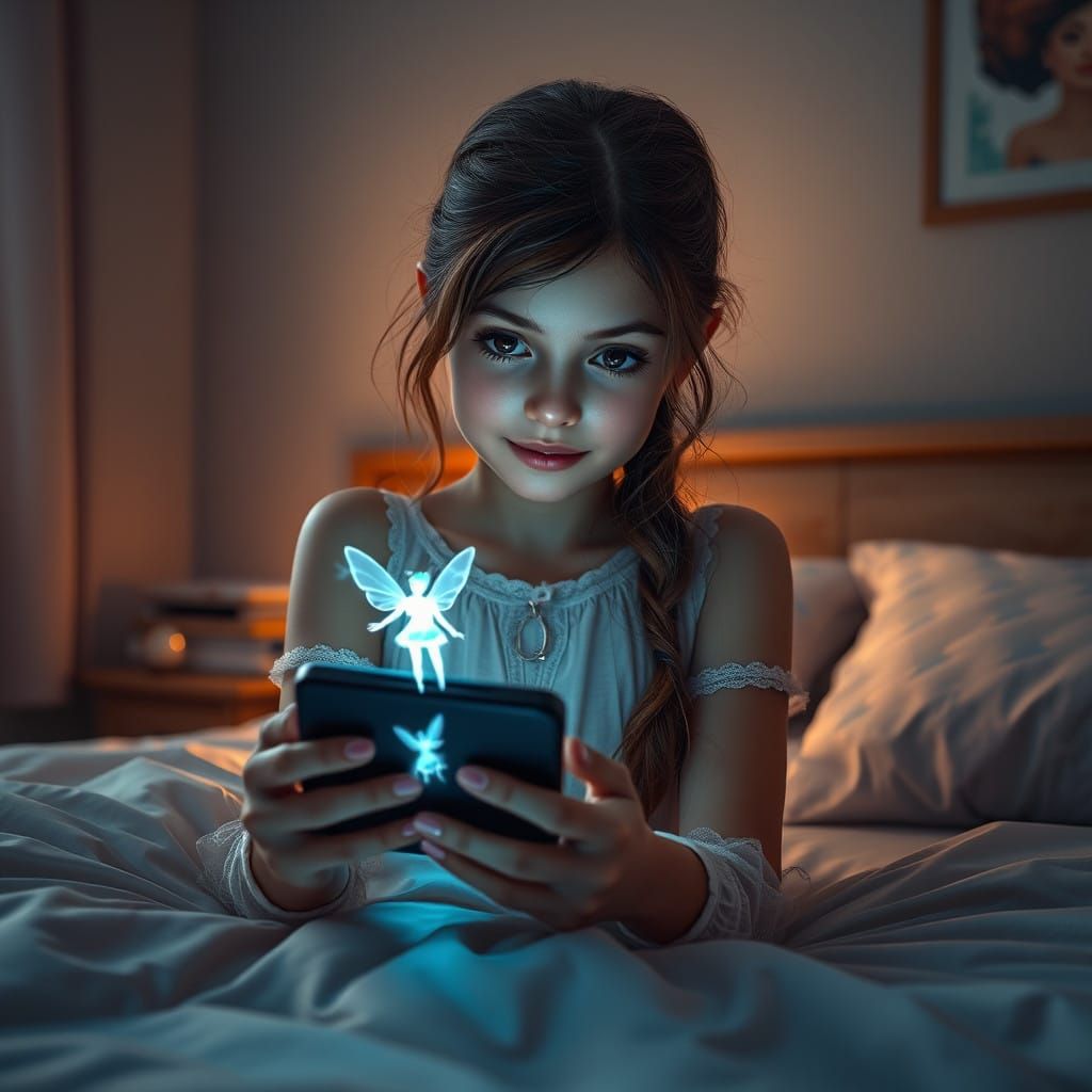"A young European girl with a radiant expression and expressive eyes, in an apartment bedroom looks at her smartphone pl...
