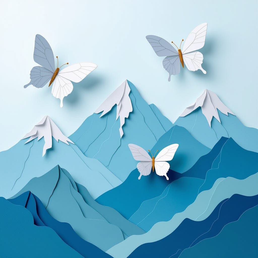 Giant Butterflies Fly Over Mountains in Origami Style