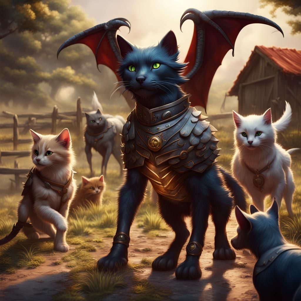 Fantasy Battle: Warrior Cats and Dogs vs Dragon