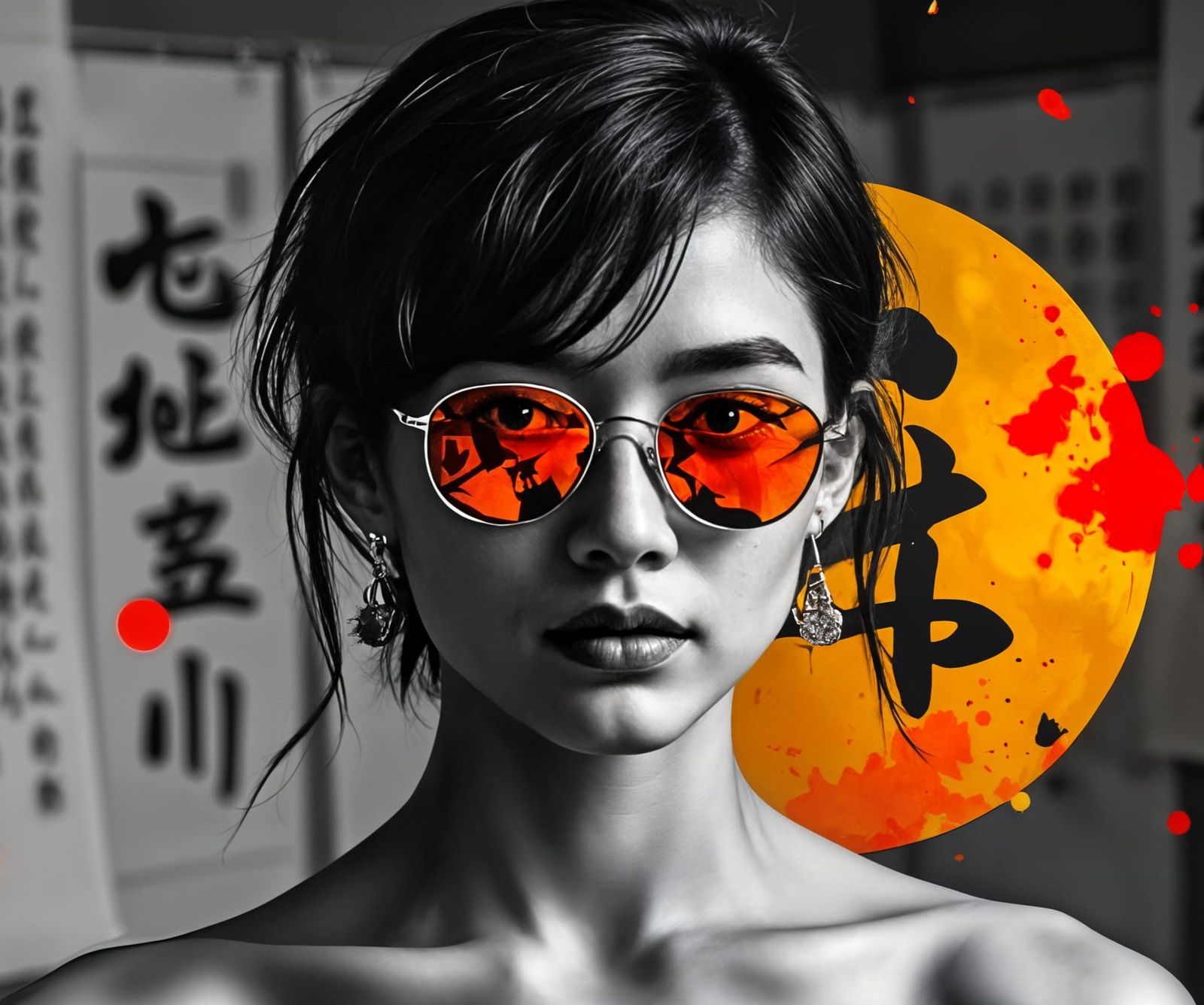 Cyberpunk Pin-Up with Calligraphy and Grayscale Accents