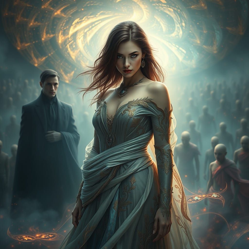 Ethereal Matriarch in Dreamlike Vortex with Husband's Watchf...