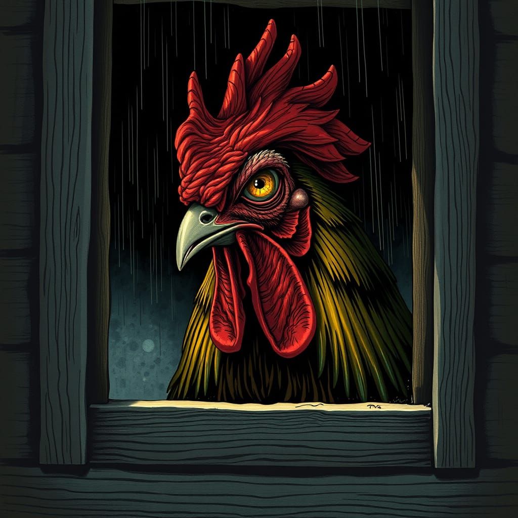 Menacing One-Eyed Rooster in Dark, Horror Style