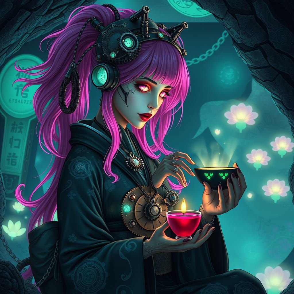 Gothic Cyborg Geisha in Bioluminescent Cave