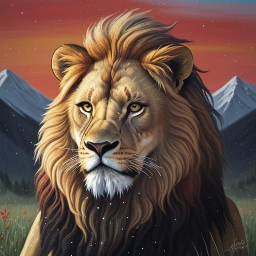 Lion with Wildflower Crown: Oil Painting