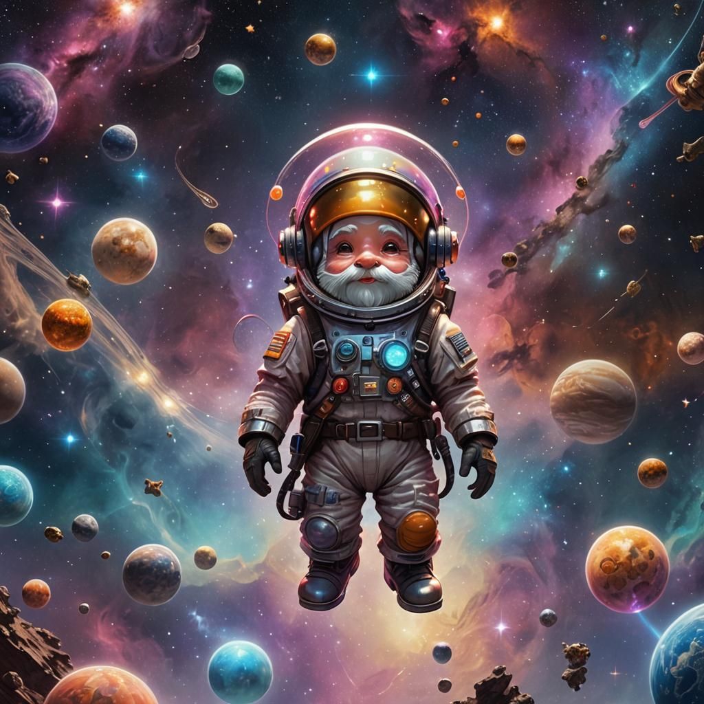 Whimsical Gnome in Space with Mushroom Flag