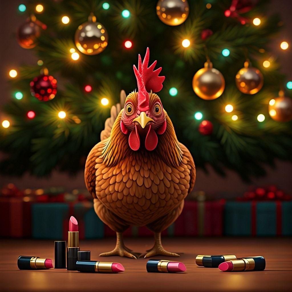 Whimsical Chicken and Lipstick by Christmas Tree