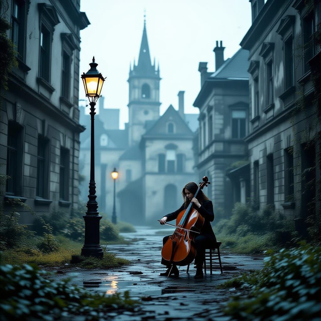 Cellist in Ruined City Square, Film Noir Style