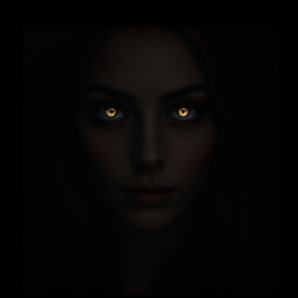 Mysterious Woman's Face in Shadows with Glowing Eyes