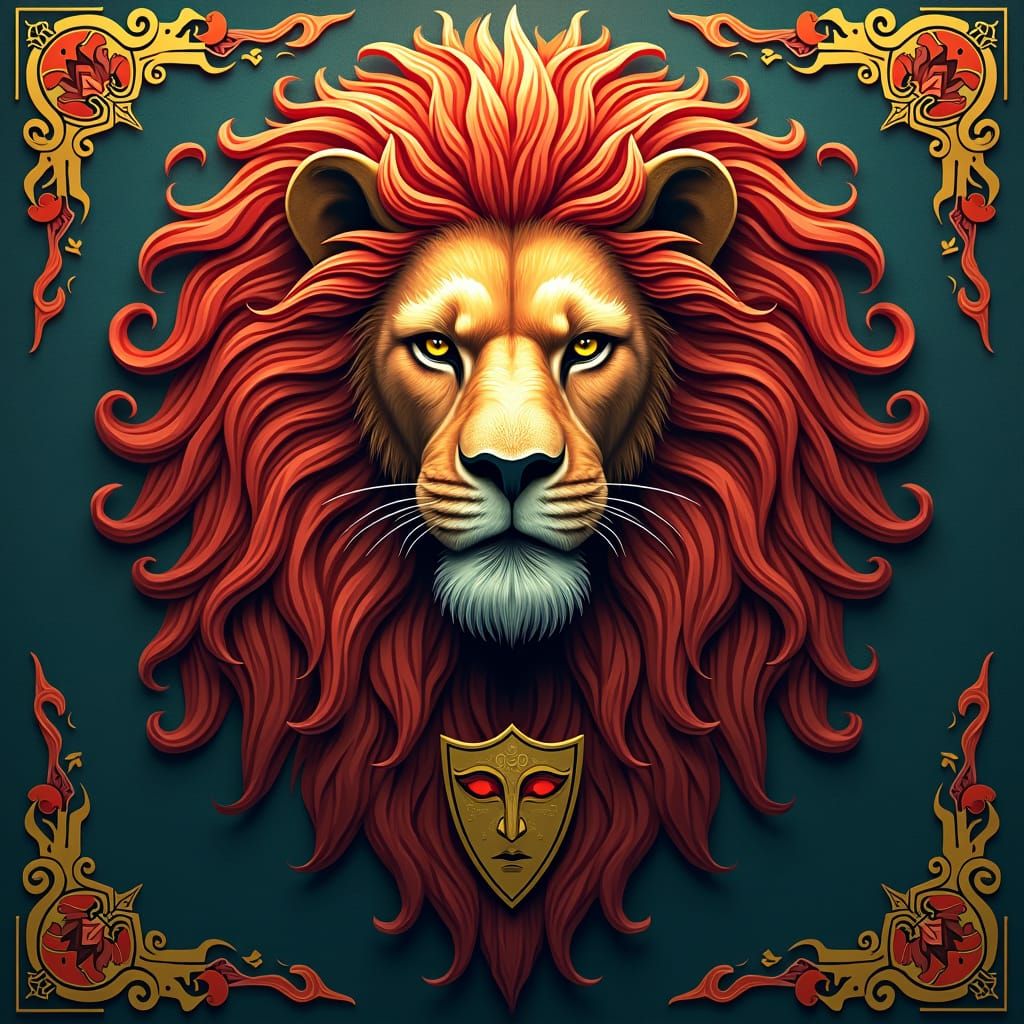 Lion Head with Chevron in Art Deco Style