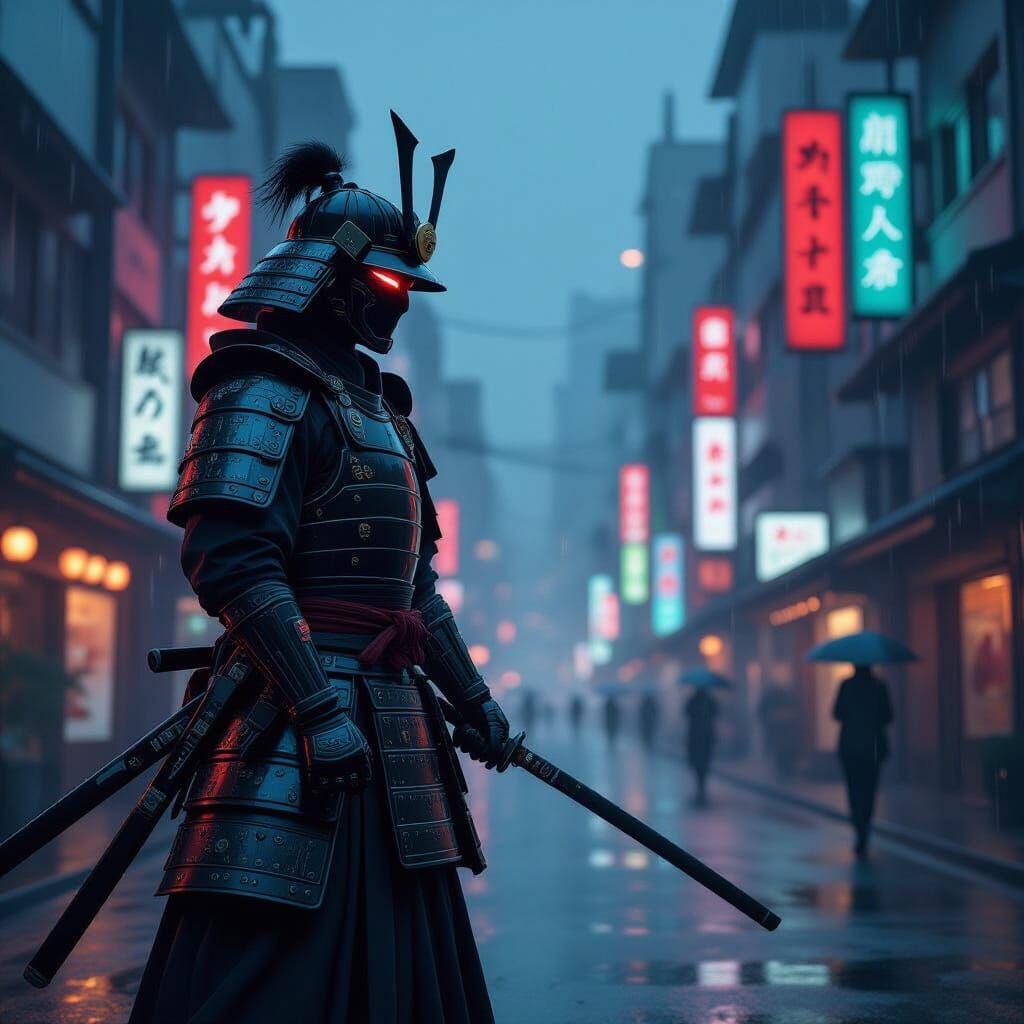 Cyberpunk Samurai in Neon Tokyo at Dusk