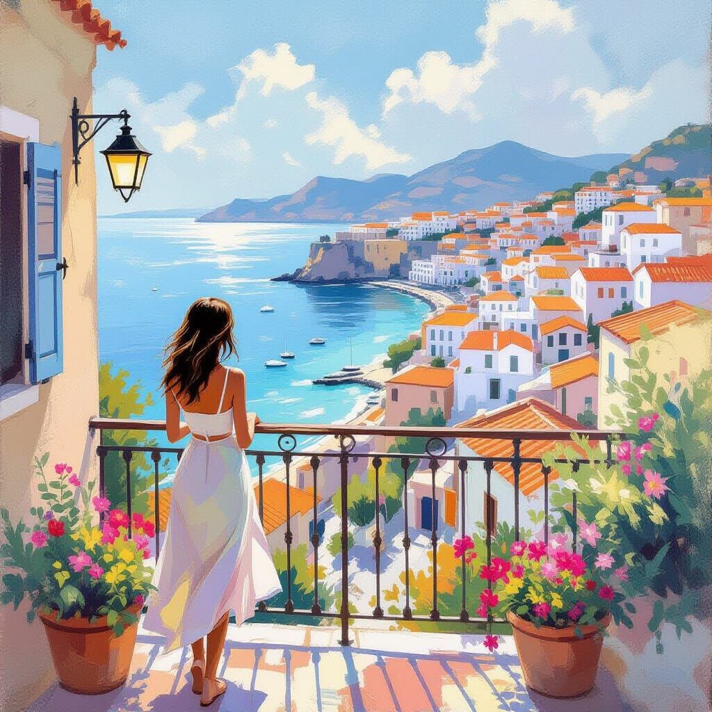 Young Woman Gazes Longingly Over Mediterranean Town