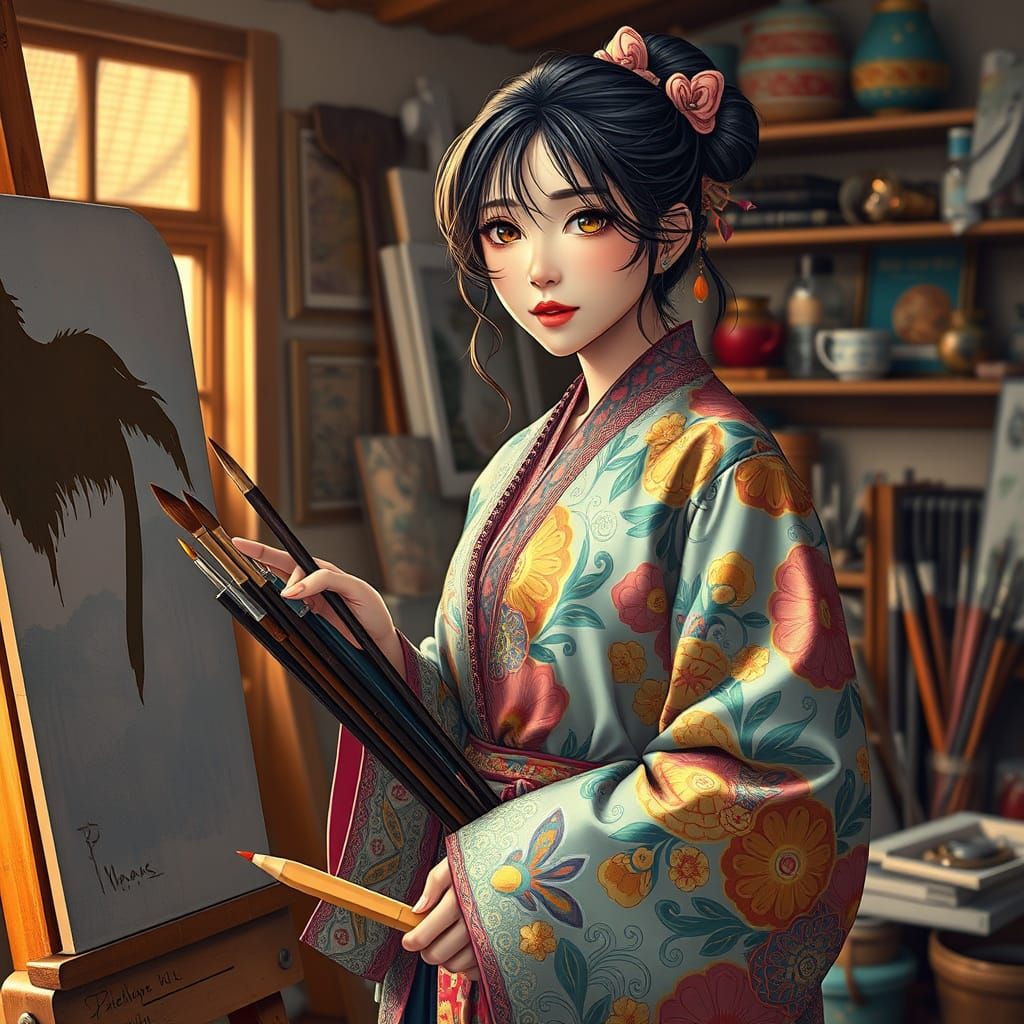 Female Painter in Studio Ghibli Style with Art Supplies