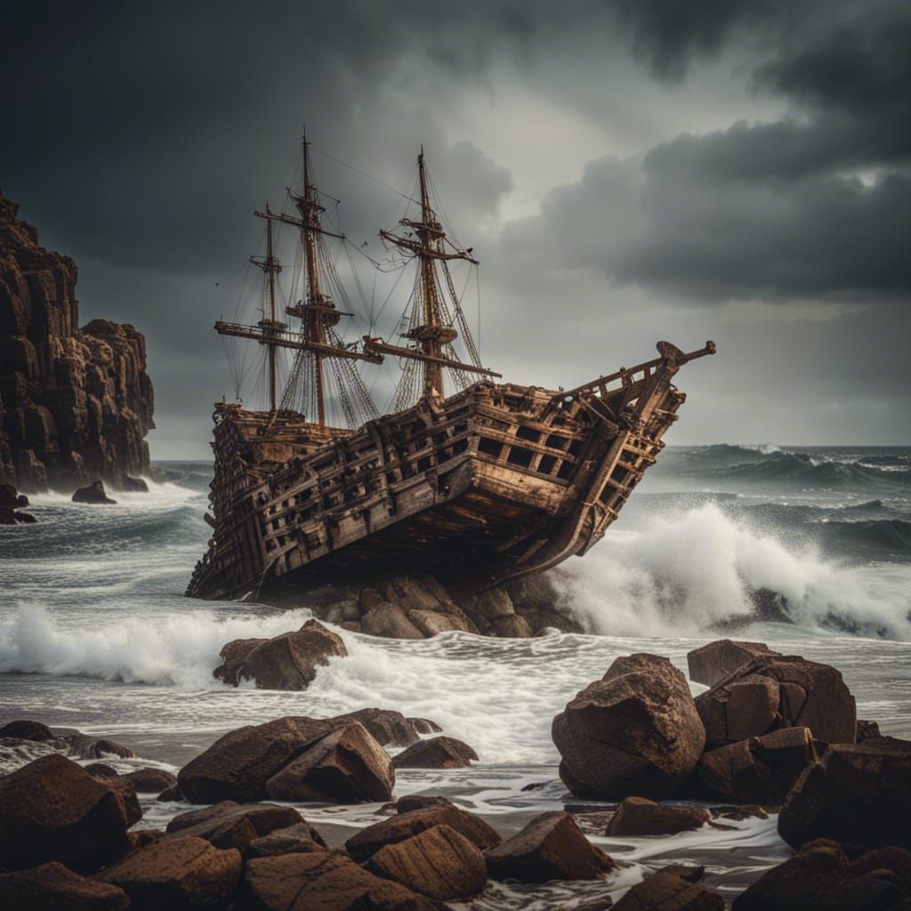 Stormy Pirate Shipwreck on Rocky Shoreline