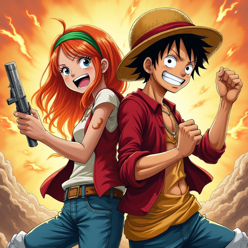 Dynamic Manga Scene: Fiery Girl and Luffy Ready to Attack