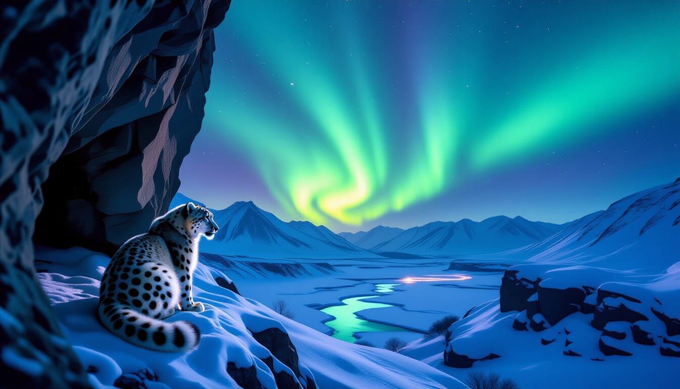 Snow Leopard Under Aurora Borealis Sky