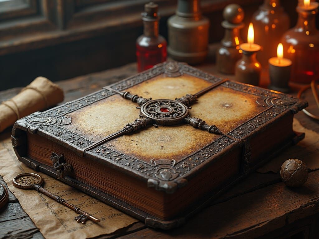 Ancient Grimoire in Dimly Lit Alchemy Room