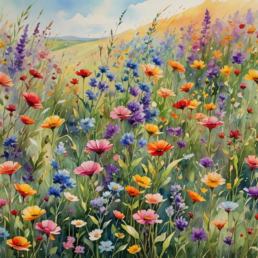 Rainbow Flower Field: Impressionist Watercolor Landscape