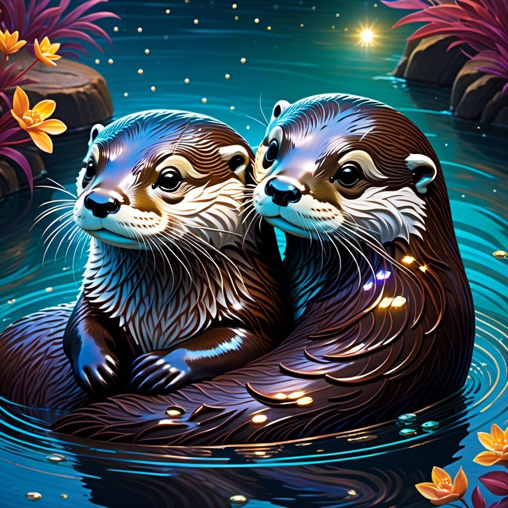 Anthropomorphic Otters Cuddling by Twinkling River