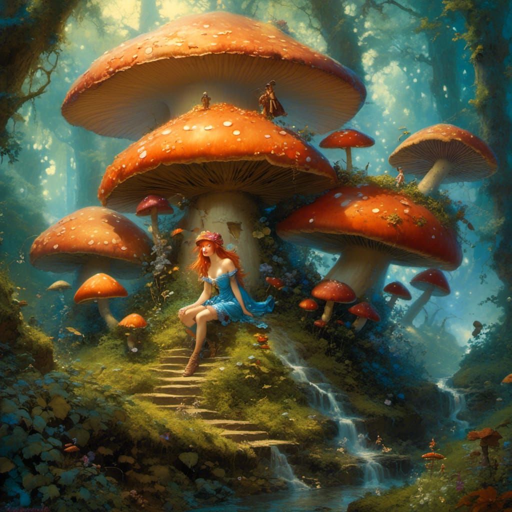 Fairy on Mushroom in Fairyland, Expressionist Painting