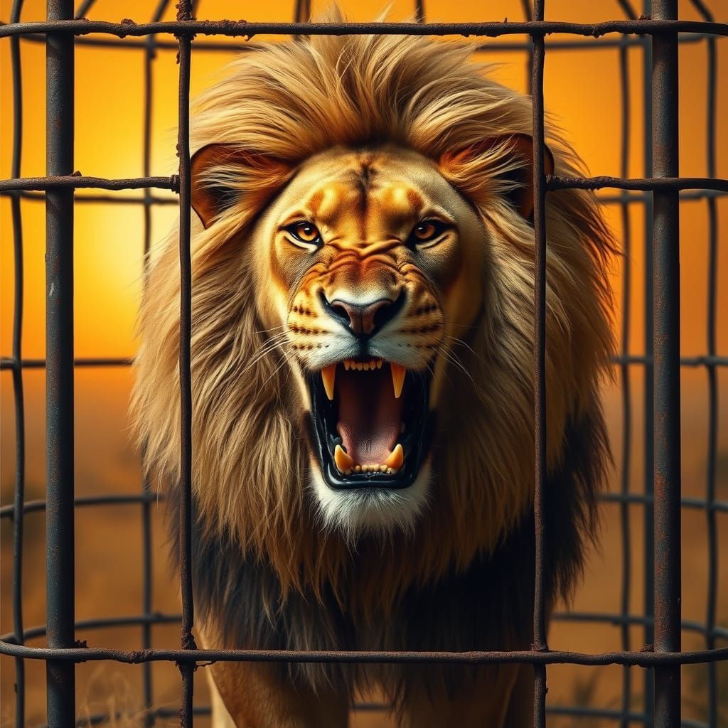 Majestic Lion in Rusty Cage, Set Against Golden Savannah Sun...