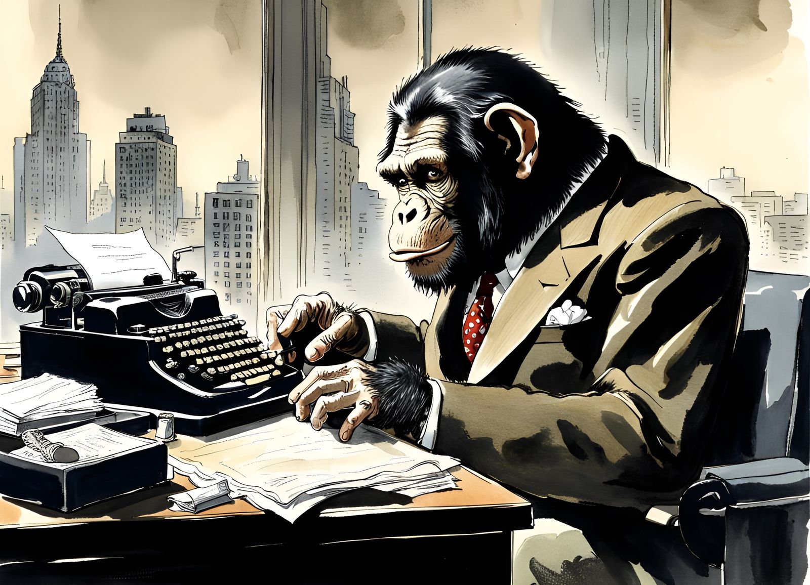 Chimpanzee Novelist in Film Noir Style Office