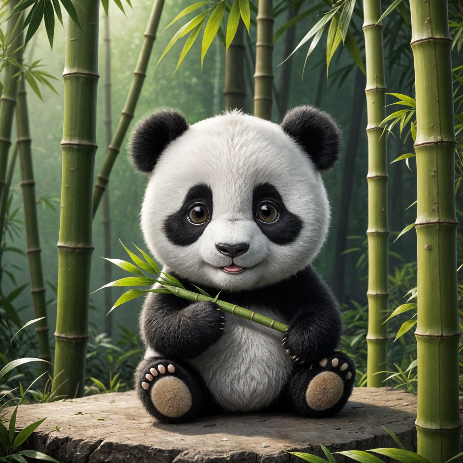 Cute Panda Bear Eating Bamboo in Anime Style