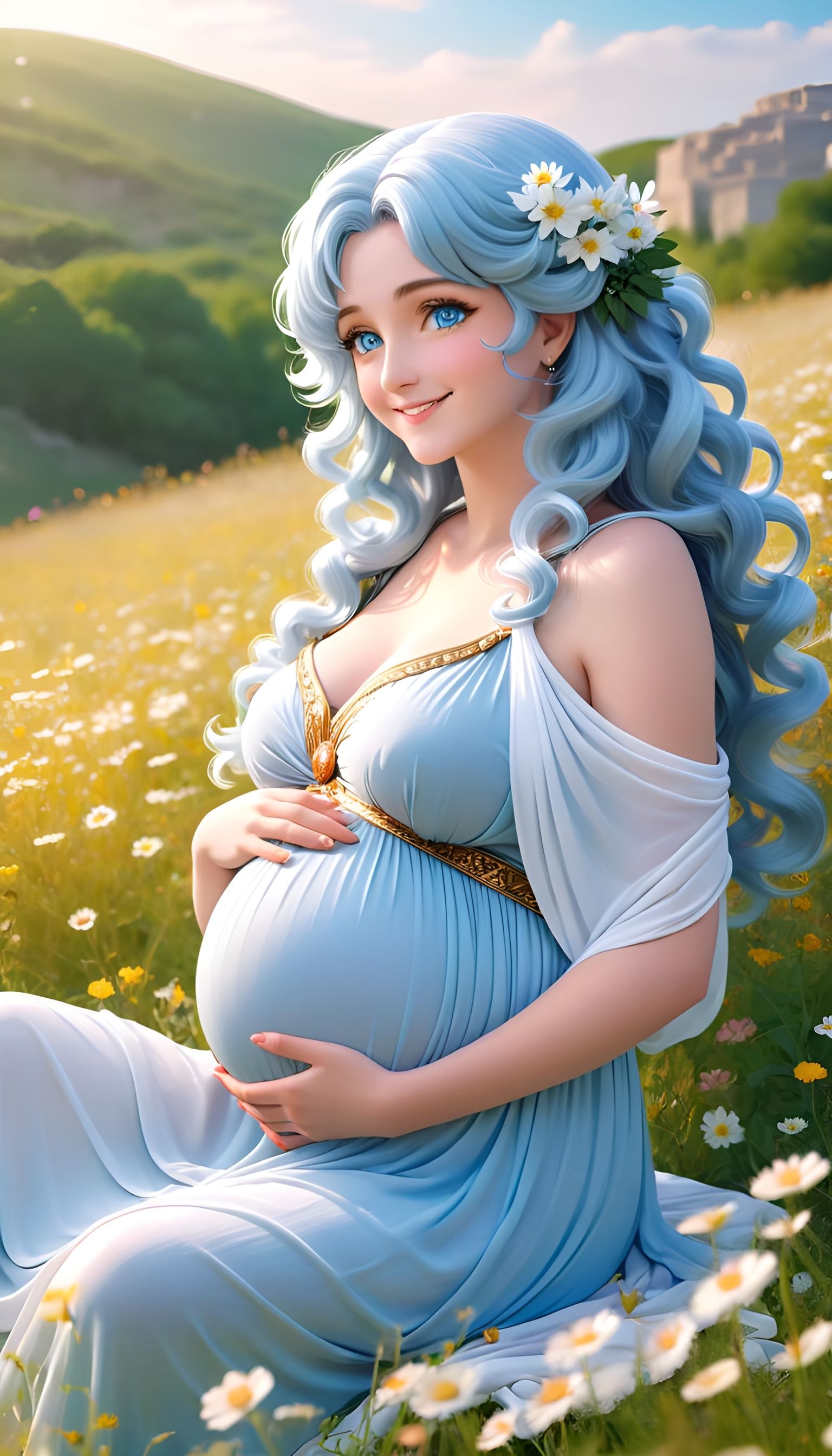 Pregnant Woman in Greek Style in Flowery Meadow