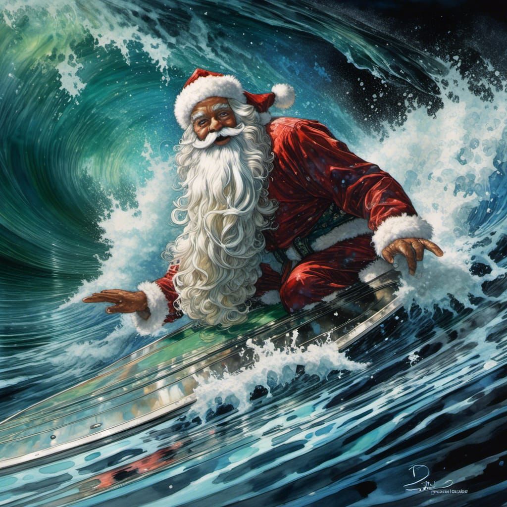 Santa Surfing Tsunami in Mirrored Landscape