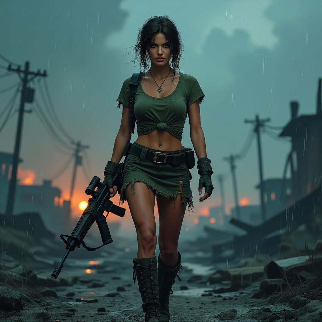 Post-Apocalyptic Warrior Woman with Machine Gun in Horror St...